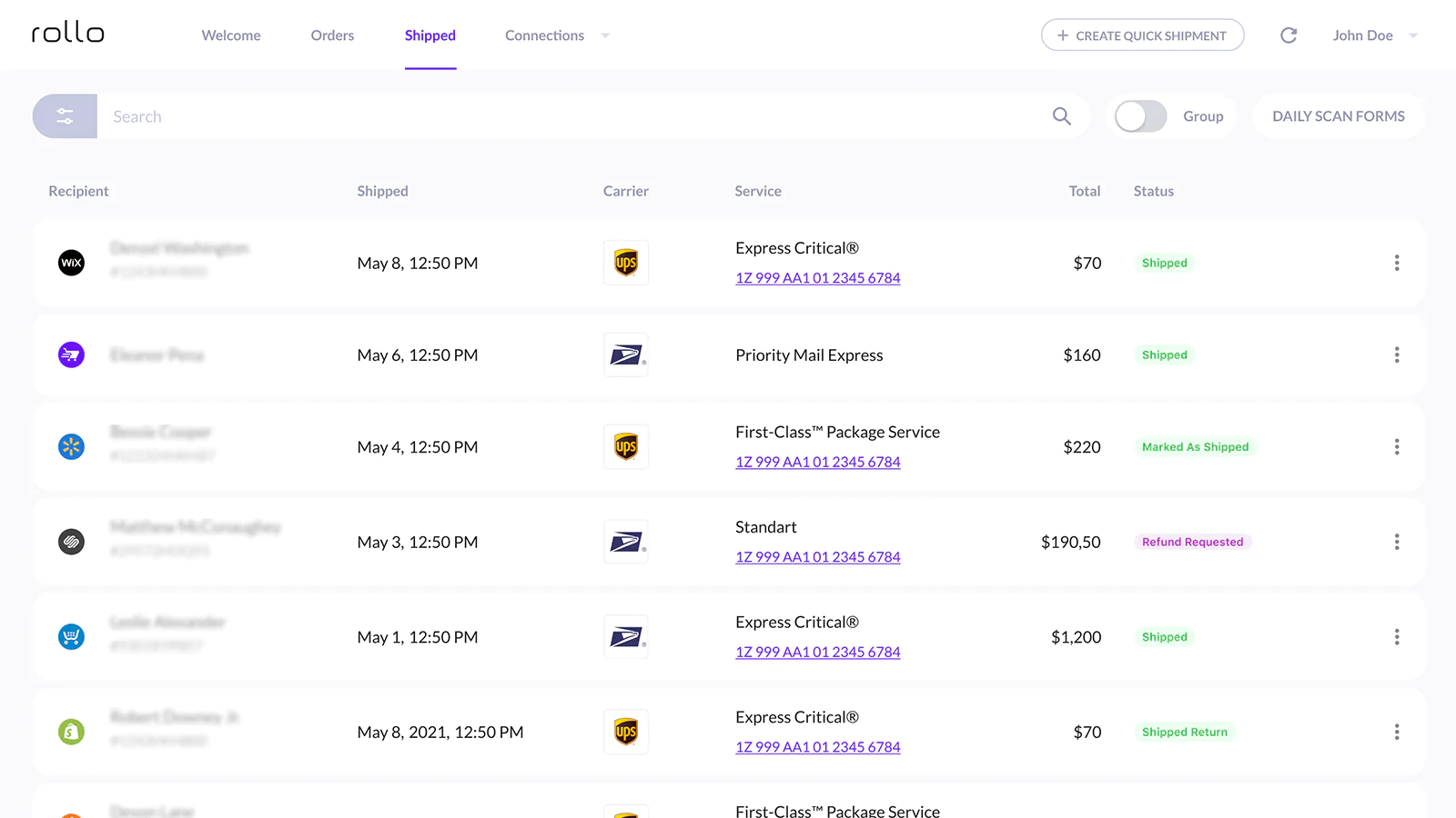 order shipped dashboard from Rollo app displaying tracking notifications.