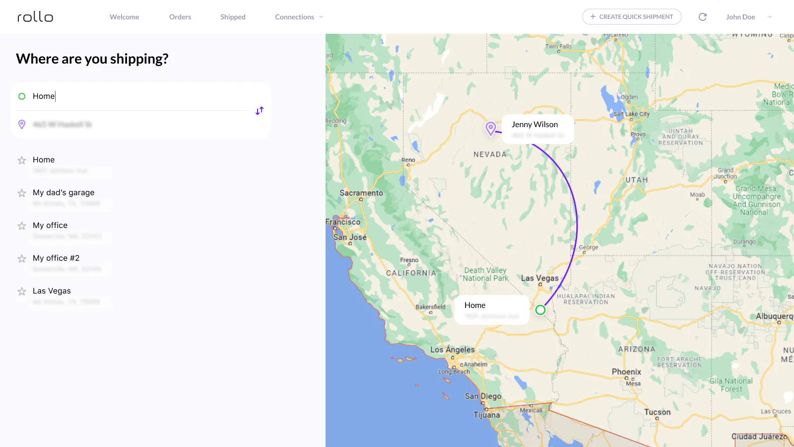 map of where are you shipping using Rollo tracking notifications in the app.