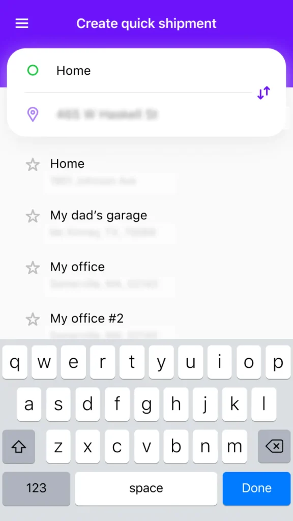 screenshot of quick shipment using Rollo app.