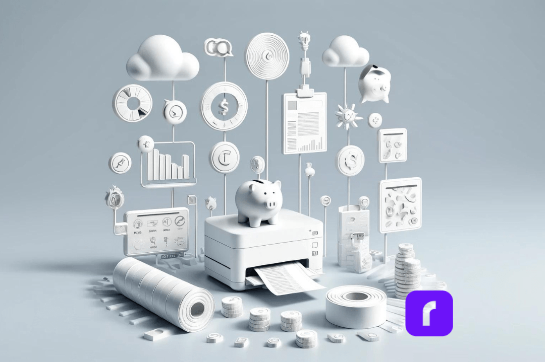 piggy bank on thermal label printer representing savings.