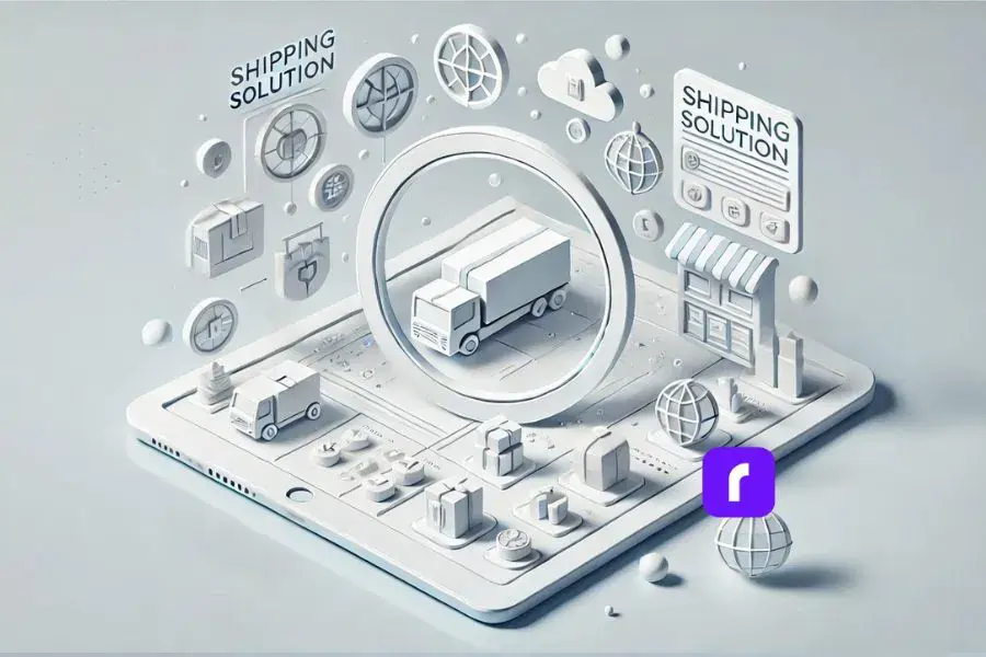 a tablet device with deliver trucks, packages representing shipping solutions for online sellers.