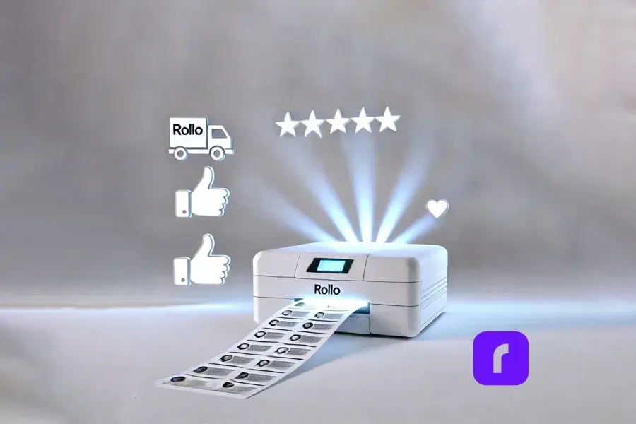 rollo printer printing labels with thumbs up signs and five stars symbols around it to represent user feedback.