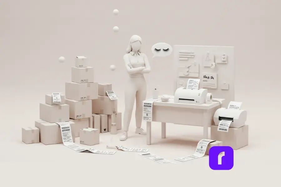 a female business owner who runs a successful 3D mink lash business online, confidently standing in her workspace surrounded by a mountain of packed shipping boxes ready for delivery, emphasizing her thriving business. Highlight a thermal printer on her desk, spitting out miles of shipping labels that stretch across the room.