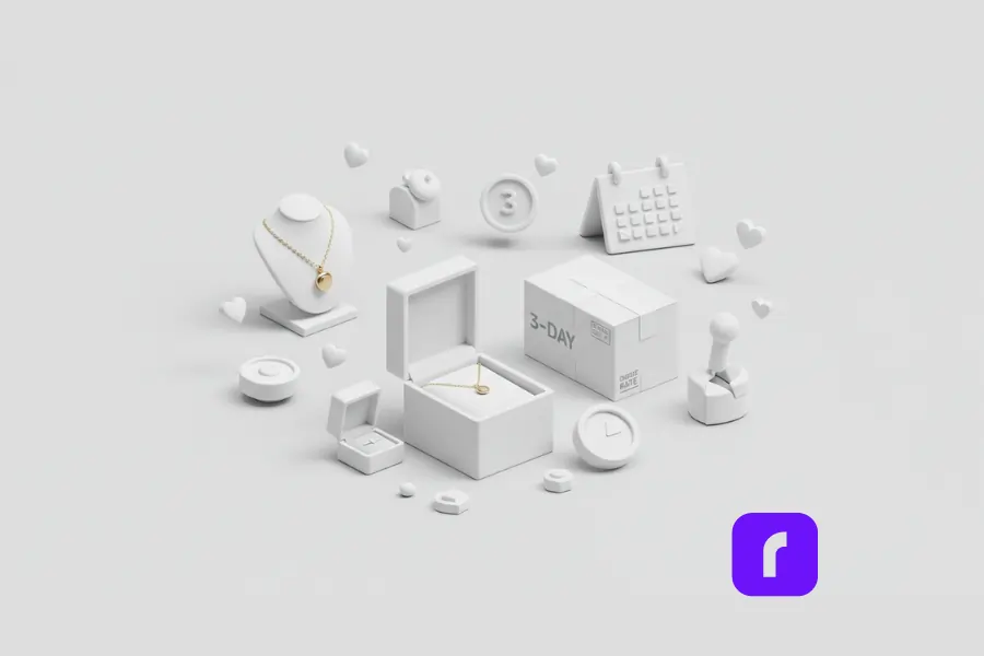 jewelry box with necklaces next to box labeled 3-day representing USPS services.