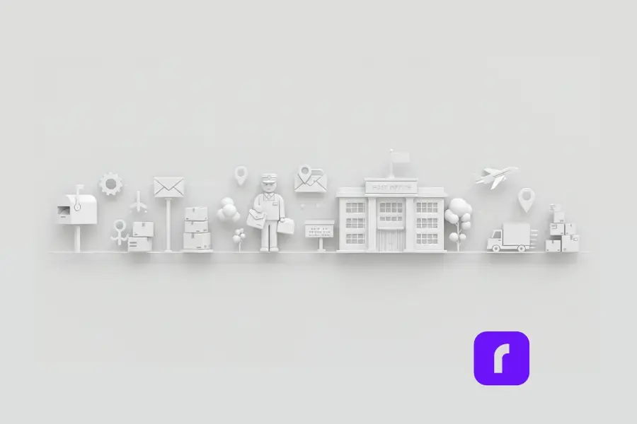 Post office, mail man, and other elements that represent USPS services.