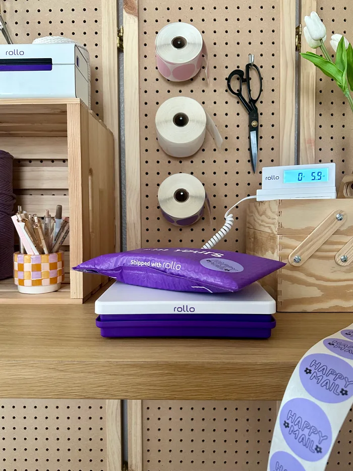 Digital shipping scale, poly mailer, custom thermal color labels and a Rollo X1040 wireless thermal label