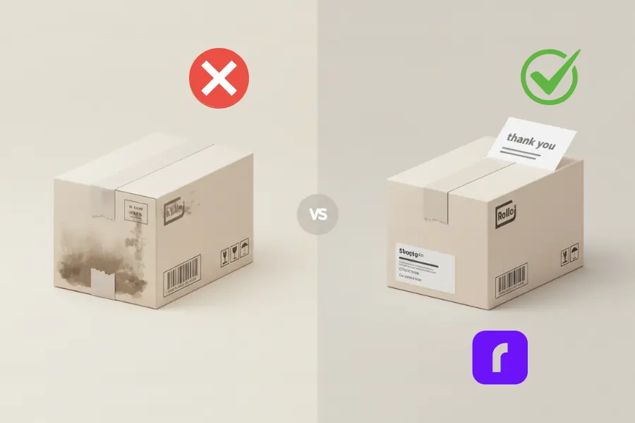 Side-by-side comparison of two shipping boxes: the left box has a smudged, crooked label and dirty packaging with a red "X" above it, while the right box features a clean Rollo label, neat packaging, and a "thank you" insert with a green checkmark above it. A subtle "vs" icon is placed between them, visually contrasting poor vs. professional packaging.