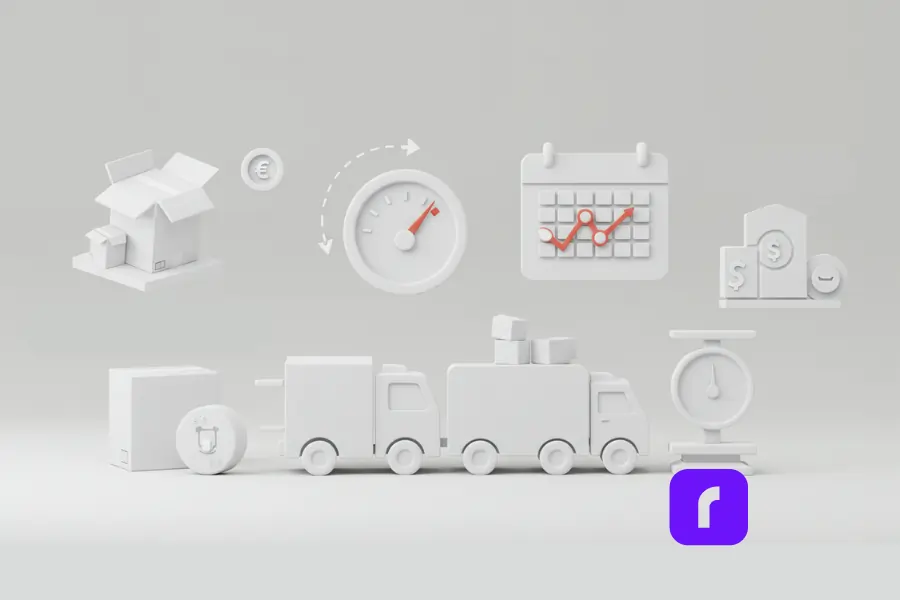 Minimalist 3D illustration showing stylized shipping cost-saving strategies, including compact packaging, a speed gauge, a calendar with scheduling data, financial icons, a shipping truck with packages, and a weighing scale—visually representing ways small businesses can cut UPS Ground shipping costs.