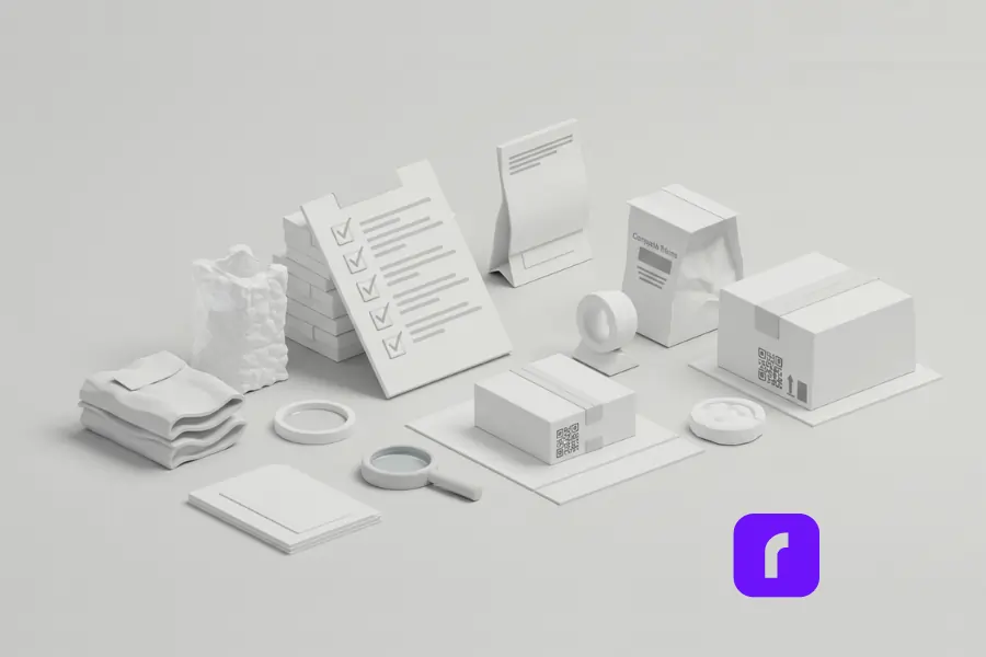 Minimalist workspace with eco-friendly packaging supplies, a checklist, QR-labeled boxes, and sustainable materials, illustrating how to earn customer trust through sustainable packaging practices.
