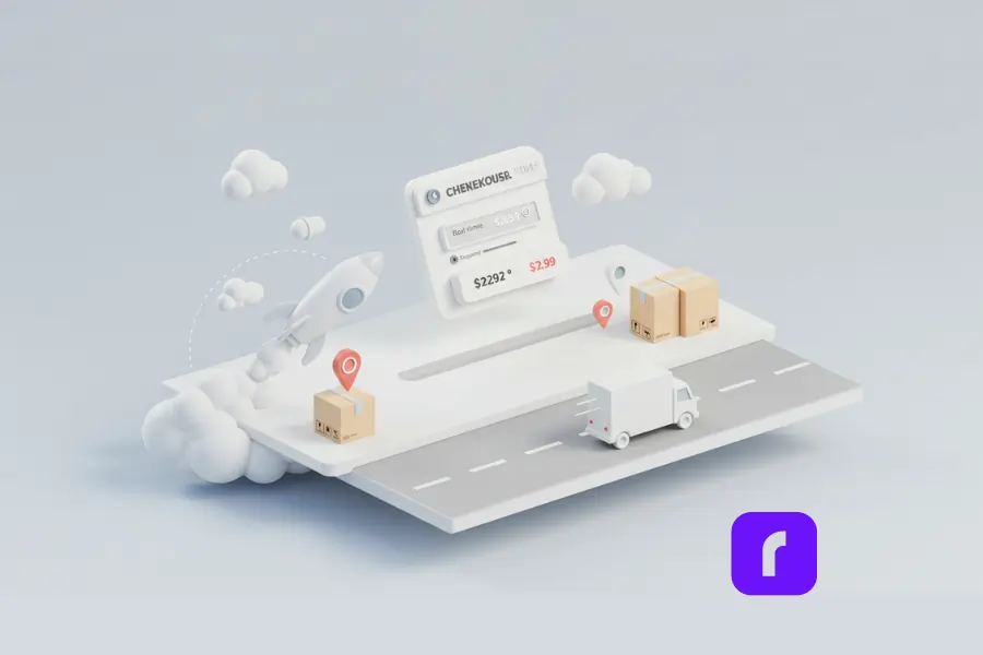 Minimalist 3D illustration showing a visual comparison of two shipping options: on the left, a rocket launches a package into the sky, representing fast and expensive delivery; on the right, a delivery truck travels along a road with two packages, representing slower but affordable shipping. Above both, a stylized checkout screen displays real-time shipping rates, highlighting the choice between speed and cost for online shoppers.