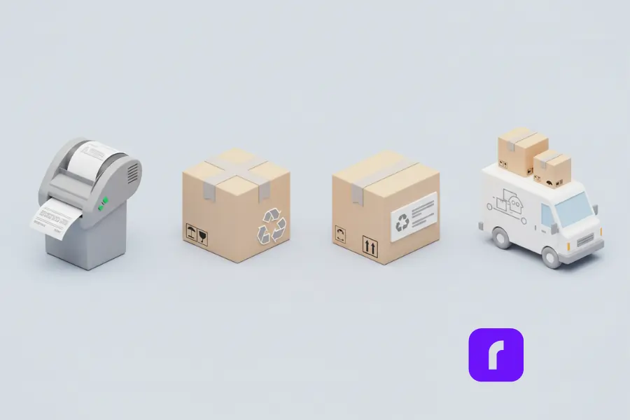 Minimalist illustration featuring four eco-friendly shipping elements: a thermal label printer with printed labels, a cardboard box with a recycling symbol, a right-sized package with a recyclable label, and a white delivery van carrying multiple stacked boxes. The design uses light colors and stylized 3D visuals to emphasize sustainable shipping practices.