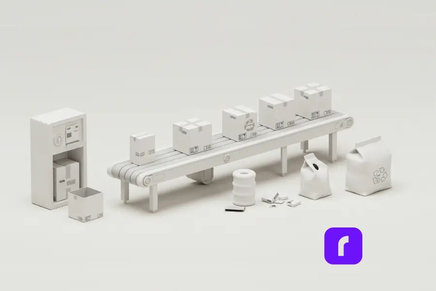 Minimalist conveyor belt system with right-sized boxes moving through an eco-friendly packaging process, surrounded by recyclable materials, illustrating sustainable shipping practices inspired by Amazon.