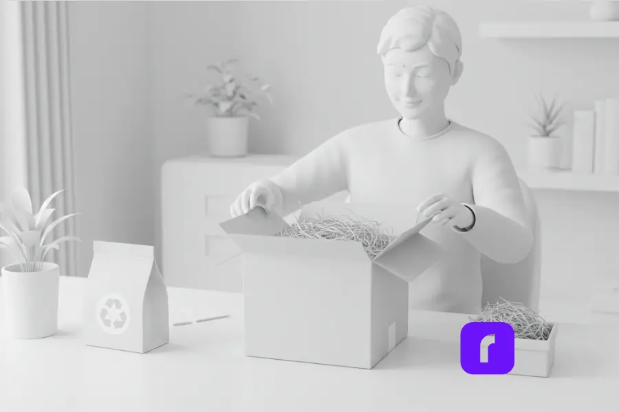 Person opening a neatly packed box with eco-friendly materials in a minimalist workspace, representing how sustainable packaging builds brand trust.