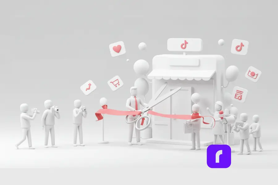 3D illustration of a business owner cutting a red ribbon at a grand opening in front of a digital storefront, symbolizing how to get started on TikTok Shop, with photographers, a reporter, and social media icons representing online buzz and launch excitement.
