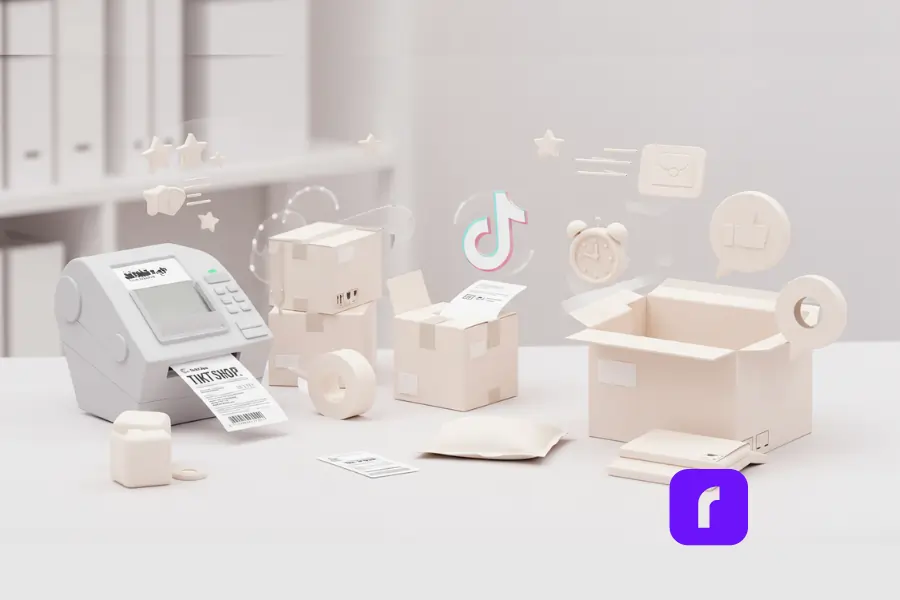 3D minimalist illustration of a TikTok Shop fulfillment setup featuring a thermal label printer, shipping boxes, padded mailers, and floating icons for fast delivery, customer satisfaction, and TikTok branding—representing how to handle fulfillment efficiently when orders roll in.