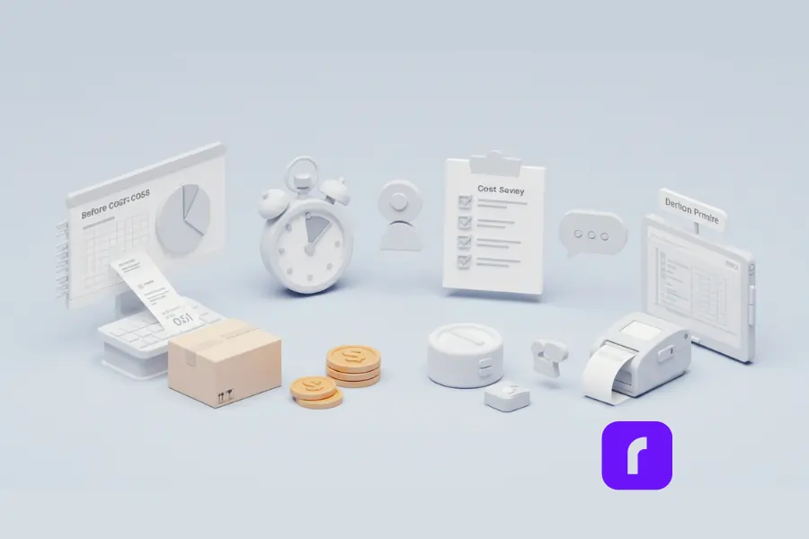 Minimalist 3D illustration showing tools and metrics used to measure shipping cost savings, featuring a before-and-after cost chart, stopwatch, receipt, feedback icons, checklist, wireless label printer, and dollar coins—visually representing how businesses track efficiency, delivery speed, and customer satisfaction after implementing shipping strategies.