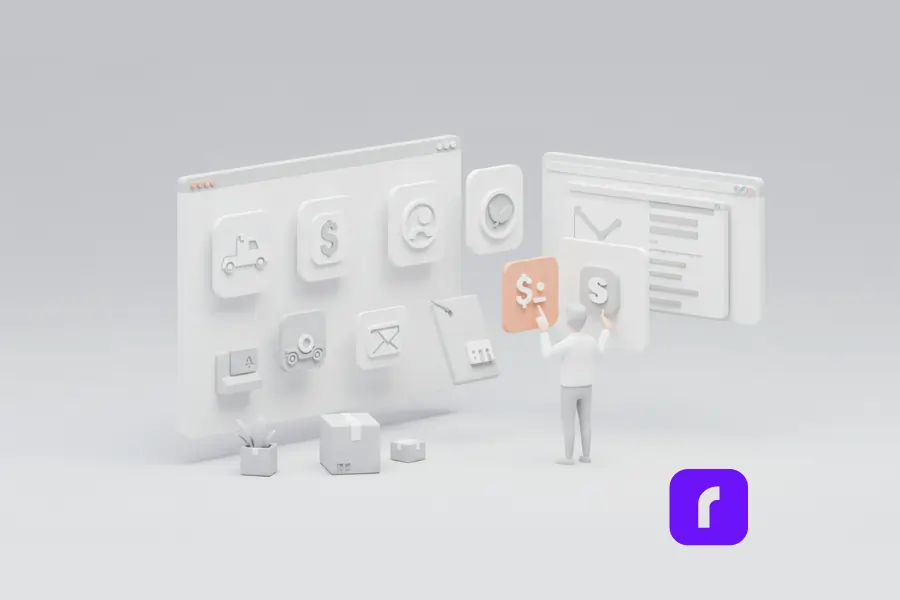 Minimalist 3D illustration of a small business owner comparing shipping rates on a virtual dashboard with generic carrier icons, price symbols, and floating interface elements representing multi-carrier management tools.