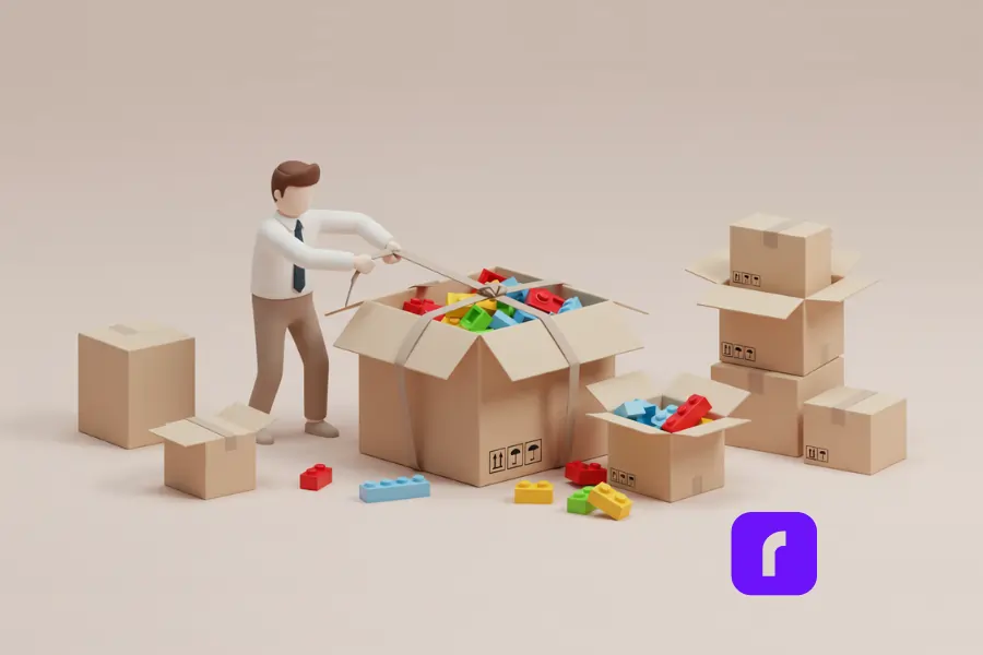 Business owner struggling to tie an overstuffed cardboard box filled with colorful LEGO pieces, surrounded by other burst boxes, illustrating the packaging mistakes that hurt customer trust.