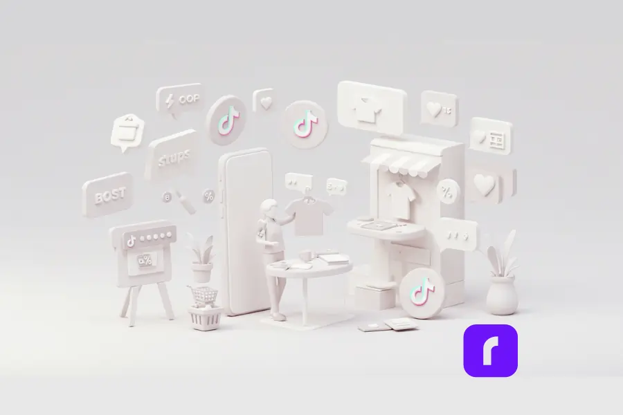 3D minimalist illustration of a small business owner hosting a TikTok live shopping stream, surrounded by floating icons for ads, discount tags, engagement symbols, and TikTok logos—visually representing how to promote products through TikTok Shop Ads and live shopping events.