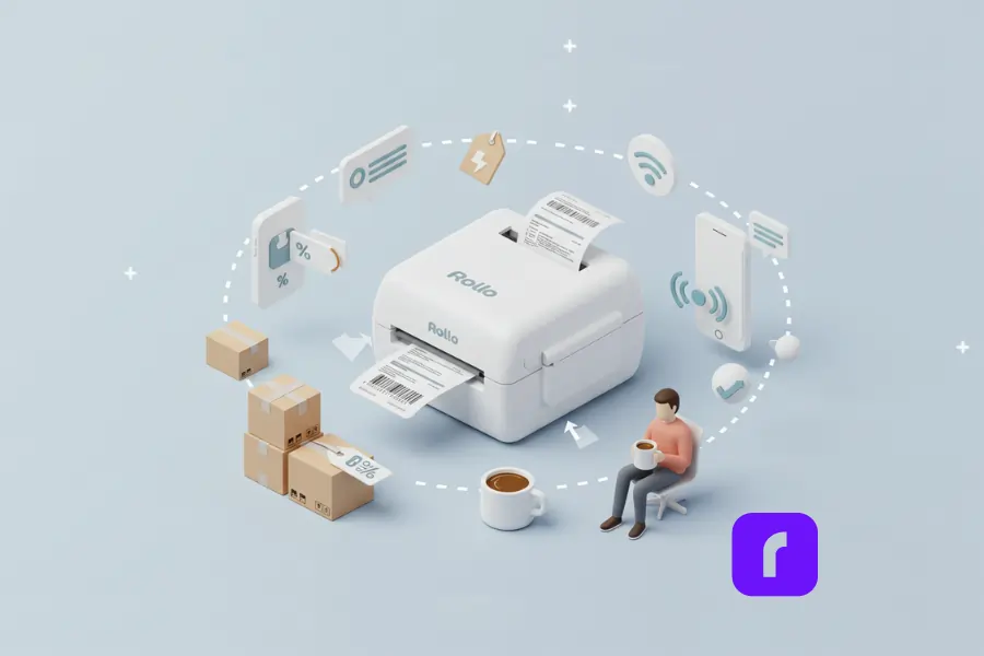 Minimalist 3D illustration of a small business owner using a wireless Rollo label printer, surrounded by icons representing package tracking, automation, and shipping rate discounts.