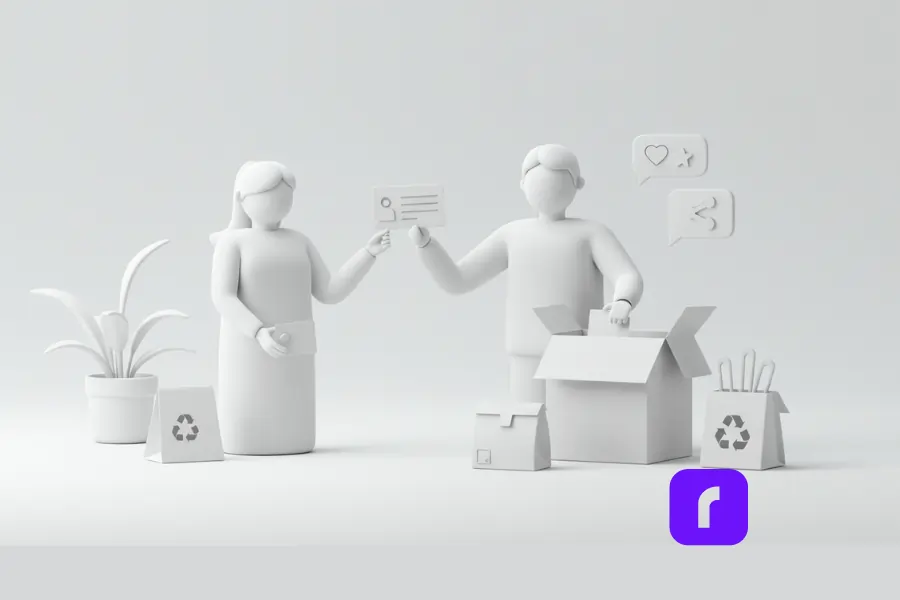 Two customers engaging with eco-friendly packaging, holding a thank-you card and sharing a positive unboxing experience, symbolizing the brand loyalty and word-of-mouth benefits of sustainable packaging.