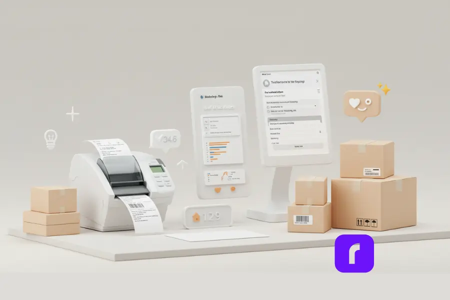 Minimalist 3D illustration of a calm, organized shipping workspace featuring a thermal label printer, stacked labeled packages, and digital dashboards displaying shipping data and carrier rate comparisons. Decorative icons like a heart, star, and customer satisfaction symbol highlight the stress-free and rewarding nature of streamlined shipping operations.
