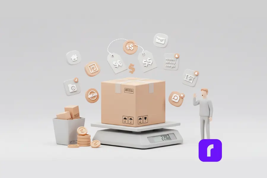 A minimalist 3D illustration of a shipping box on a scale with floating price tags and surcharge icons, representing hidden fees affecting shipping rates, while a small business owner reacts in surprise.