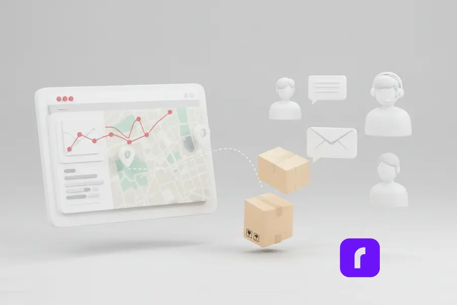 Minimalist 3D illustration showing a shipping dashboard with a route map and tracking graph on a screen, alongside floating packages and icons representing customer communication—such as email, chat bubbles, and support agent avatars. The visual emphasizes the role of real-time tracking and responsive customer service in managing shipping issues effectively.