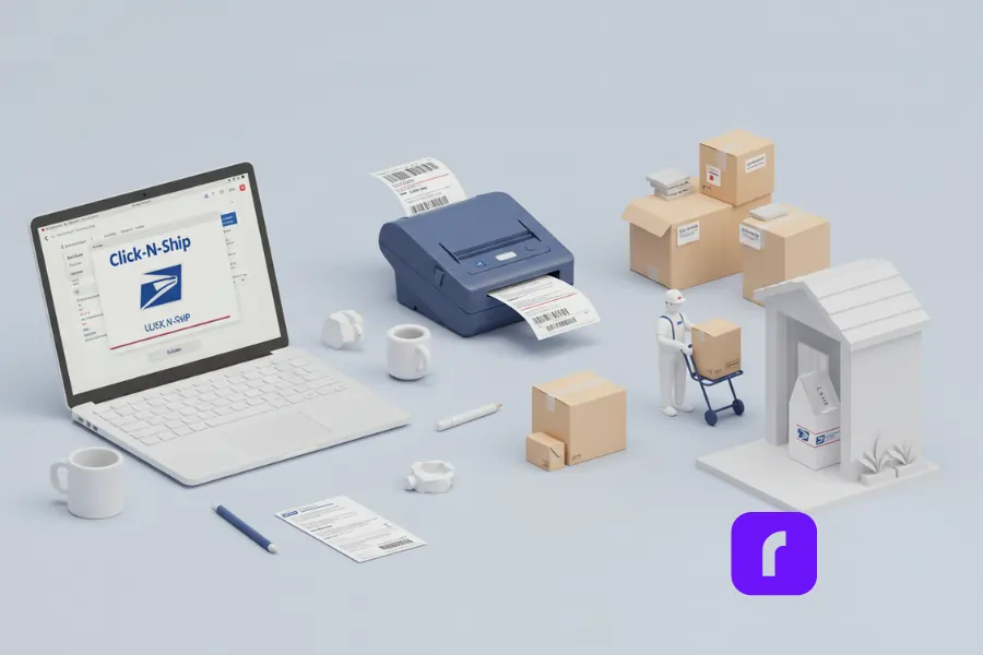 laptop displaying click-n-ship for USPS print label solutions.