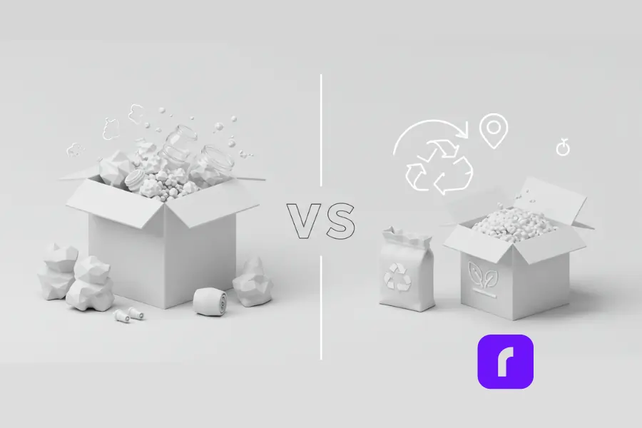 Side-by-side comparison of wasteful and sustainable packaging, showing an overfilled box with plastic on the left and a neat box with eco-friendly materials on the right, highlighting the benefits of sustainable packaging.