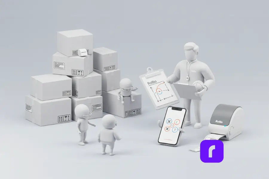 Minimalist 3D illustration of a business owner as a sports coach holding a clipboard and planning a shipping strategy with a personified Rollo label printer and mobile phone displaying the Rollo Ship app, surrounded by team-like characters and stacked shipping boxes—symbolizing how Rollo makes shipping easier and more efficient for small businesses.