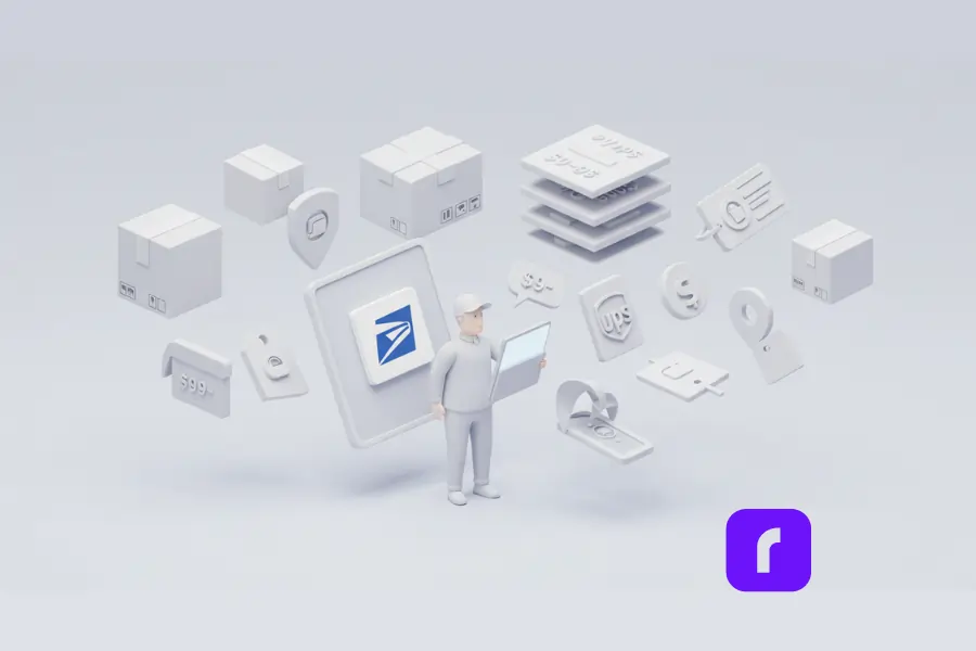 Minimalist 3D illustration of a small business owner analyzing shipping rates on a tablet, surrounded by floating package icons, price tags, and USPS and UPS logos, representing the complexity of modern shipping costs.