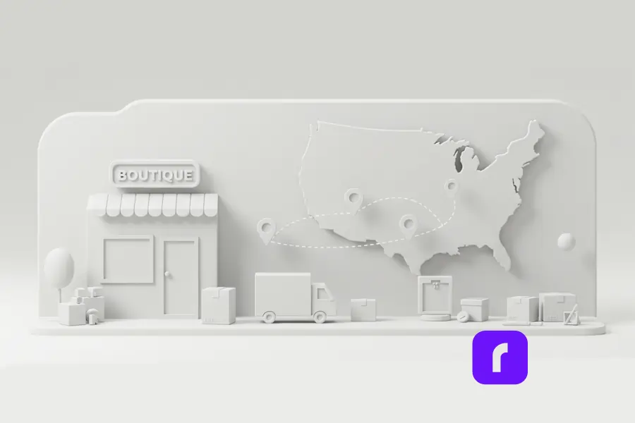 Minimalist 3D illustration of a boutique storefront shipping packages across the United States, featuring delivery trucks, boxes, and a U.S. map with dotted delivery routes—visually representing cost-effective nationwide ground shipping for small businesses.