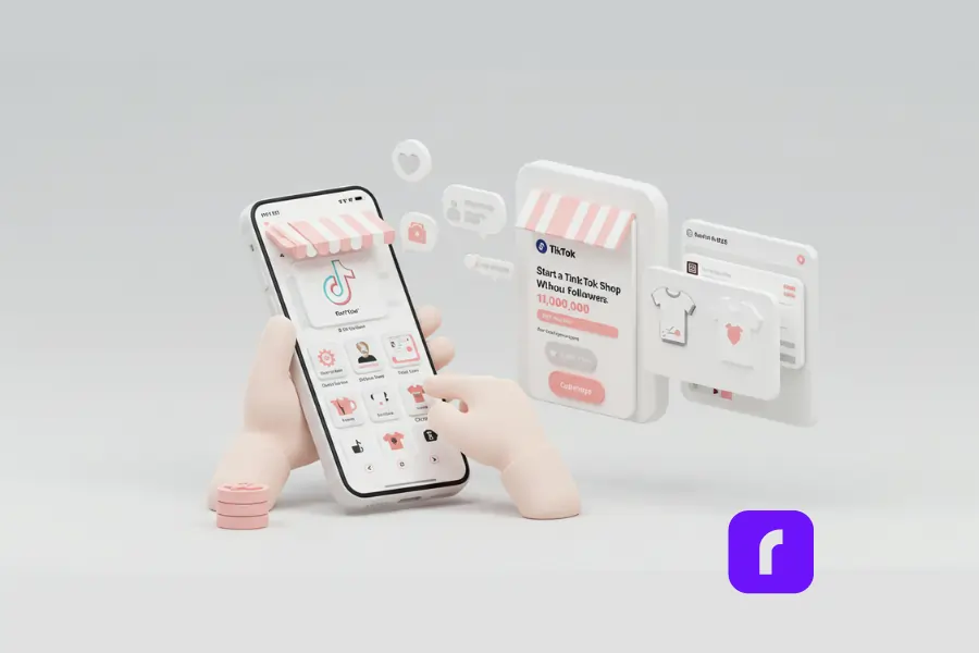 3D illustration of a small business owner using a smartphone to set up a store, showcasing product listings and the TikTok Seller Center interface, visually representing how to sell on TikTok Shop without 1,000 followers.