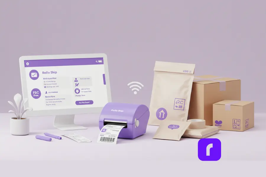 Minimalist workspace featuring Rollo’s thermal label printer, eco-friendly packaging materials, and a screen displaying the Rollo Ship app, highlighting sustainable shipping tools for small businesses.