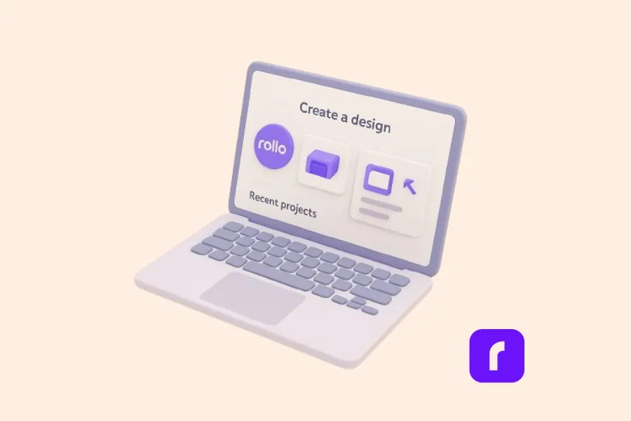 3D illustration of a laptop screen displaying the Rollo Design interface, highlighting the ease of creating custom labels using free label printing software.