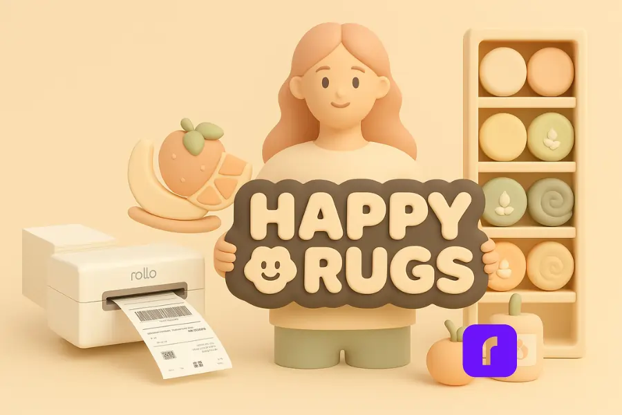 3D illustration of a young female small business owner holding a “Happy Rugs” sign, standing next to a Rollo wireless thermal printer actively printing a shipping label. Soft pastel visuals depict rolls of colorful yarn and rug supplies in the background, representing a creative and efficient handmade product business powered by Rollo tools.