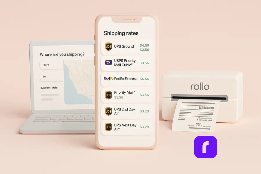 3D-rendered illustration of a shipping workflow featuring a smartphone with shipping rate comparisons, a laptop displaying a delivery route map, and a Rollo thermal printer printing a label. The scene is styled with soft pastel colors, rounded shapes, and minimalistic design elements to represent a clean, modern multi-carrier shipping setup.