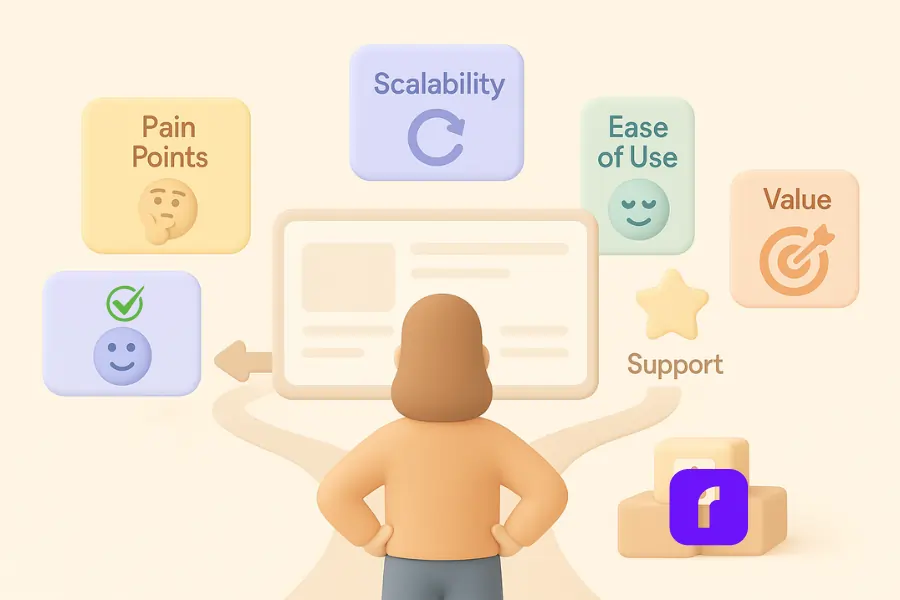 Illustration of a small business owner facing a screen surrounded by floating labeled icons representing key decision-making factors: Pain Points, Scalability, Ease of Use, Support, and Value. The scene symbolizes choosing the right small business tools with clarity and confidence.