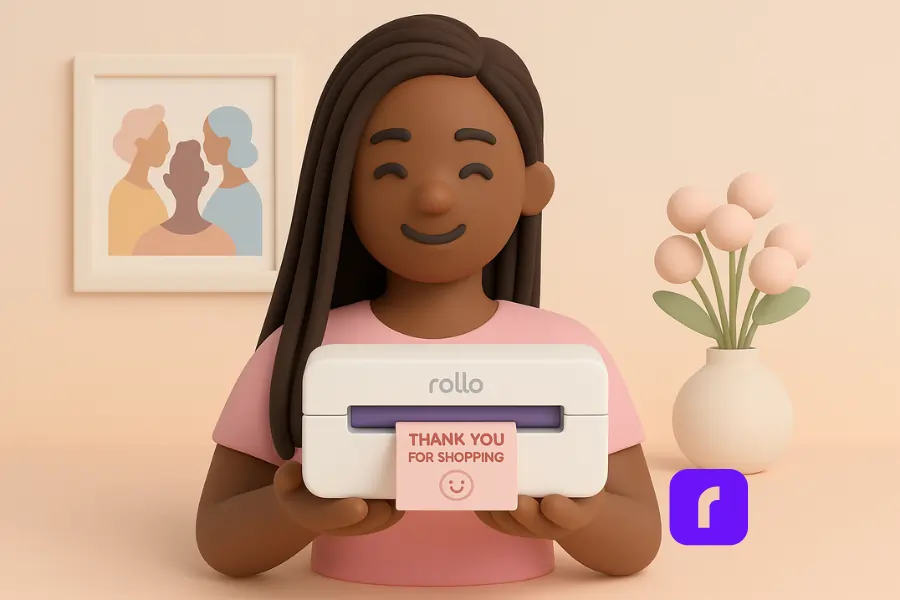 3D illustration of a smiling woman holding a Rollo printer printing a pink “Thank You for Shopping” label, representing easy custom label creation with Rollo Design.