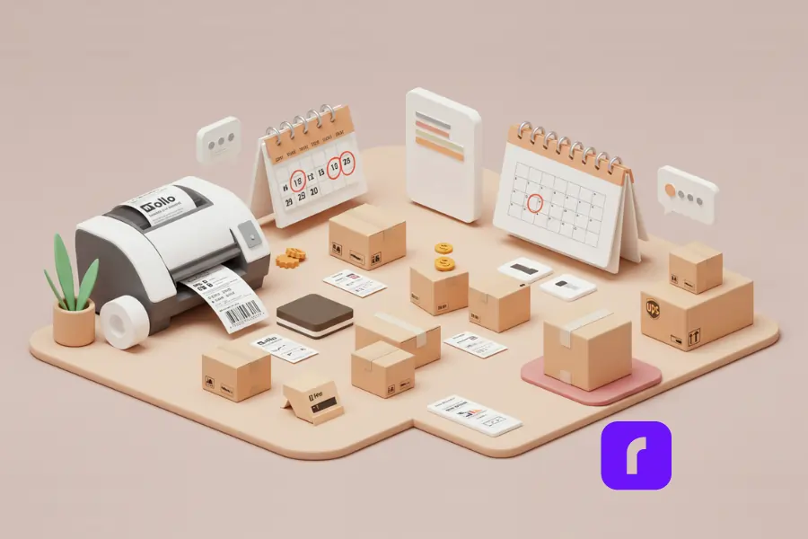 3D-style illustration of a small business weekend shipping setup featuring a Rollo label printer, shipping labels, stacked packages, calendars with highlighted weekend dates, and carrier icons. Rendered in soft pastel tones and minimalist design, the scene visually represents how SMBs can use Rollo tools and a multi-carrier strategy to manage weekend fulfillment efficiently—even without UPS Sunday delivery.