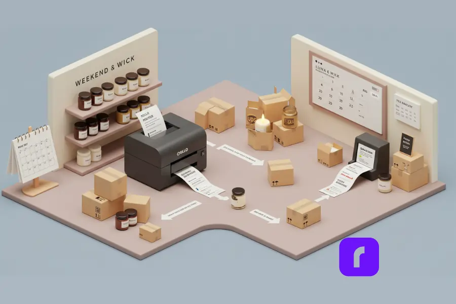 3D illustration of a small candle business called Luna & Wick using a multi-carrier shipping workflow. The scene shows two Rollo printers generating labels, packages labeled for UPS and USPS, a calendar highlighting weekend orders, and shelves filled with candles. Arrows guide boxes to different carriers, visually representing a strategic, hybrid weekend shipping setup.