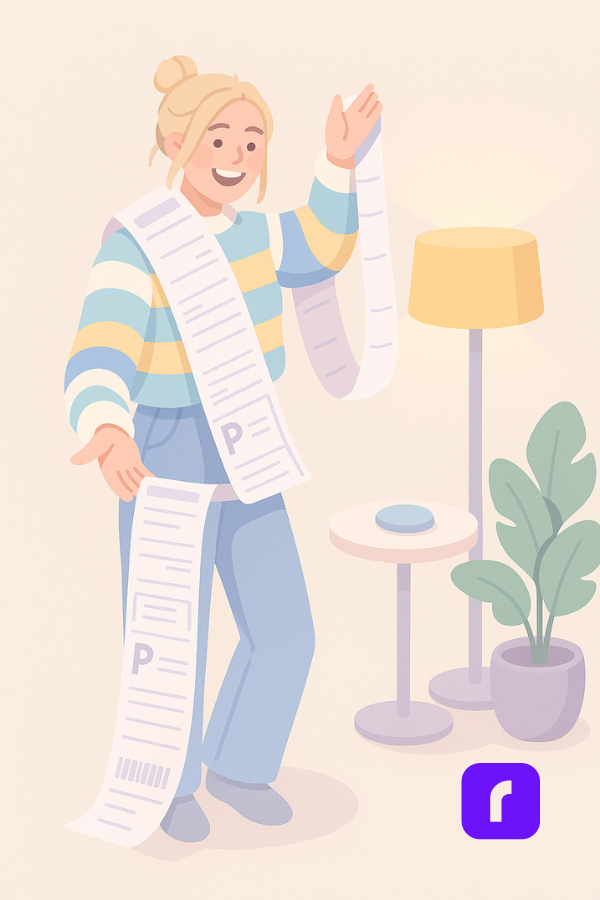 Illustration of a smiling woman holding a long roll of printed labels, representing fast and efficient label printing for small businesses using Rollo.