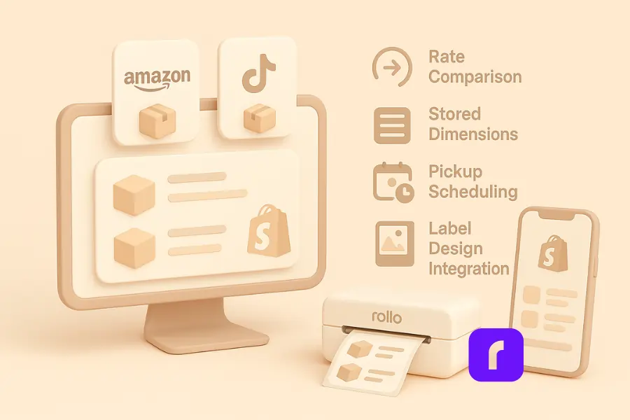 A 3D-rendered illustration of a centralized shipping dashboard showing orders flowing in from platforms like Amazon, TikTok Shop, and Shopify. The screen is surrounded by icons representing key features like rate comparison, stored package dimensions, pickup scheduling, and label design integration, visually emphasizing Rollo Ship’s streamlined order management system