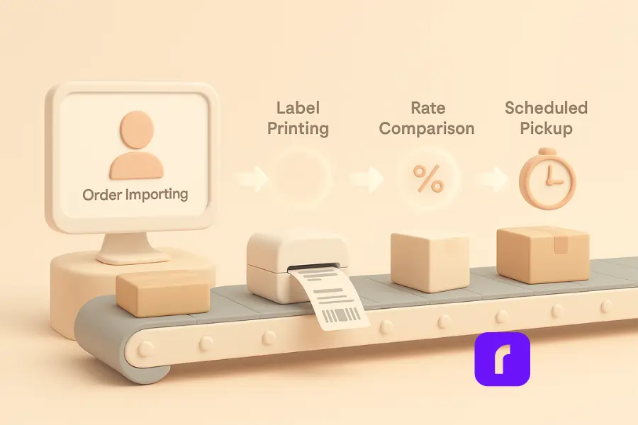 3D-style digital illustration of a shipping workflow on a conveyor belt, showing steps like order importing, label printing, rate comparison, and scheduled pickup—each represented by simplified icons in a soft pastel palette, emphasizing how automation streamlines small business shipping.