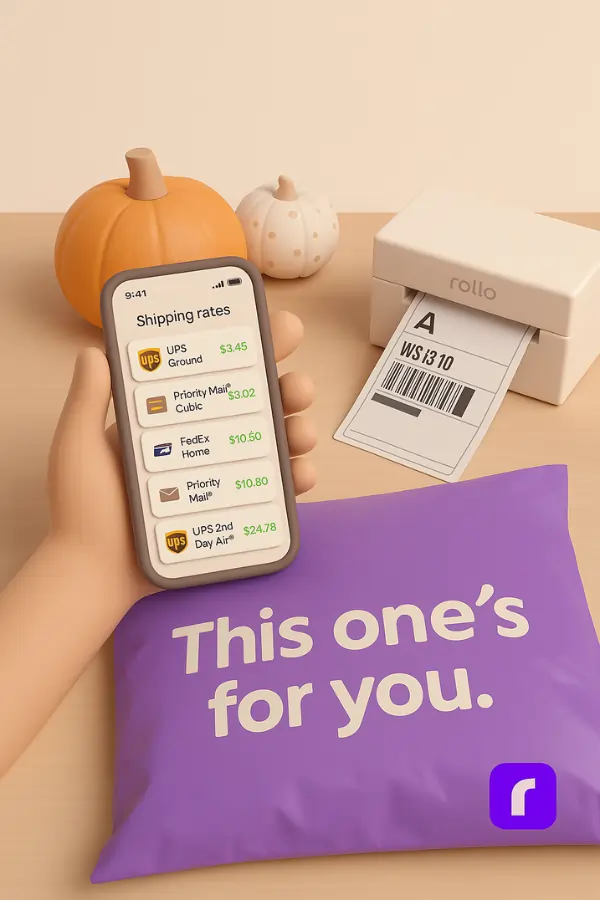 3D illustration of a hand holding a phone displaying shipping rates in a minimalist pastel setting, with a Rollo printer, labeled package, and pumpkins in the background—representing how Rollo Ship simplifies and saves money on label printing and shipping.