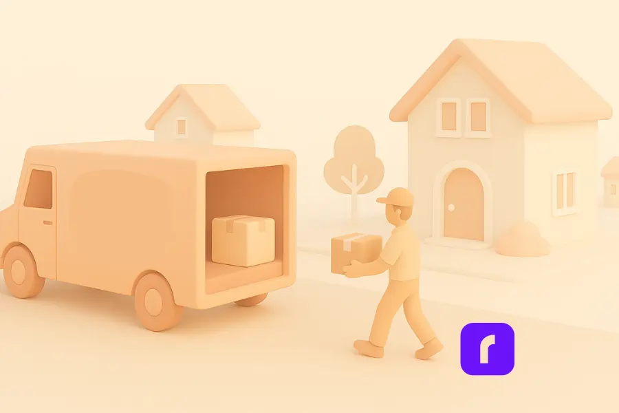 3D-style illustration of a delivery person carrying a package to a truck in front of a suburban house, rendered in soft pastel tones. The scene includes smooth, rounded shapes and a minimalist design, with a small purple Rollo logo in the corner, symbolizing streamlined home delivery.