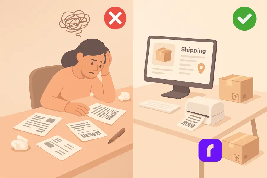 Side-by-side illustration showing a stressed small business owner surrounded by messy shipping labels and papers on the left, and a calm, organized workspace with a computer, thermal label printer, and neatly packed boxes on the right, representing the benefits of streamlined shipping tools.
