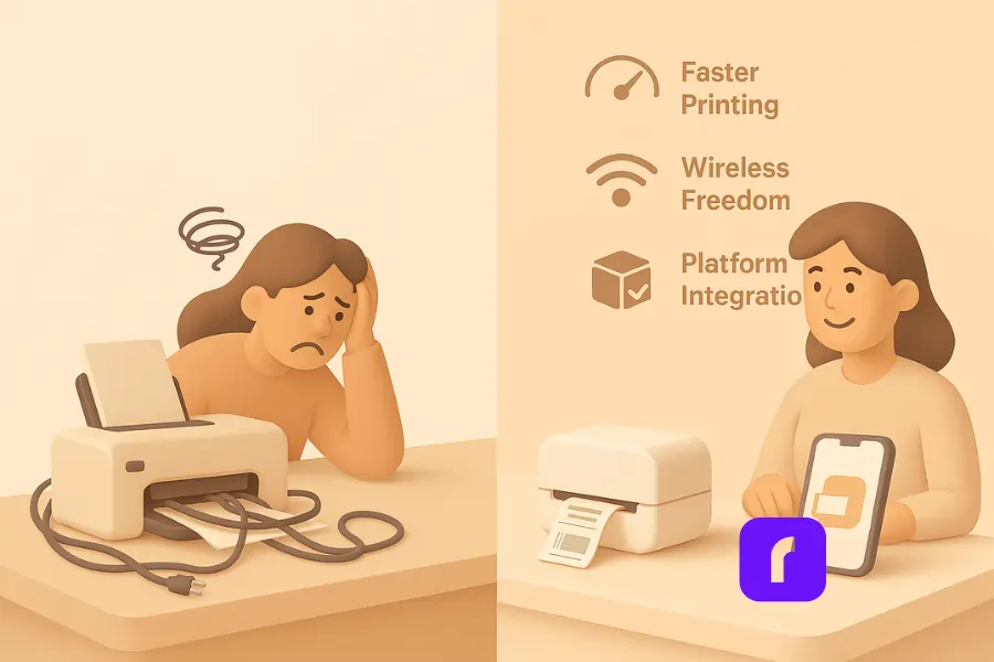 Split-panel illustration comparing a frustrated seller using a jammed, corded inkjet printer with a happy seller using a wireless thermal label printer connected to a tablet, highlighting benefits like faster printing, wireless freedom, and platform integration.