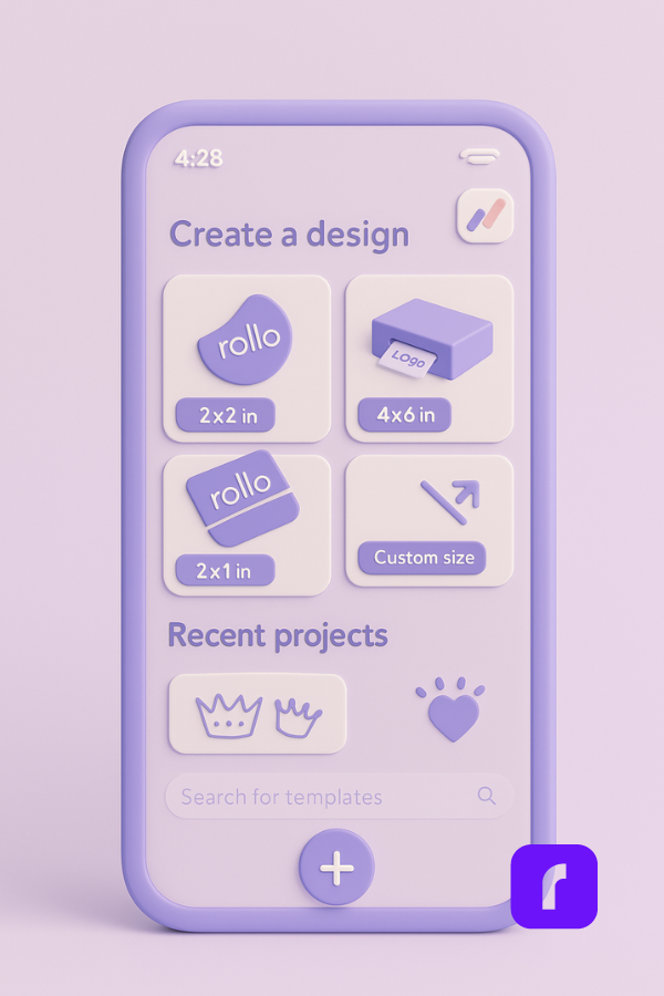 3D illustration of a smartphone displaying the Rollo Design App interface, showing label size options and templates for creating custom labels with free label printing software.